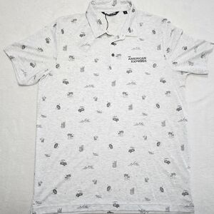 Travis Mathew Light Gray Patterned Polo Shirt With The American Express Logo.